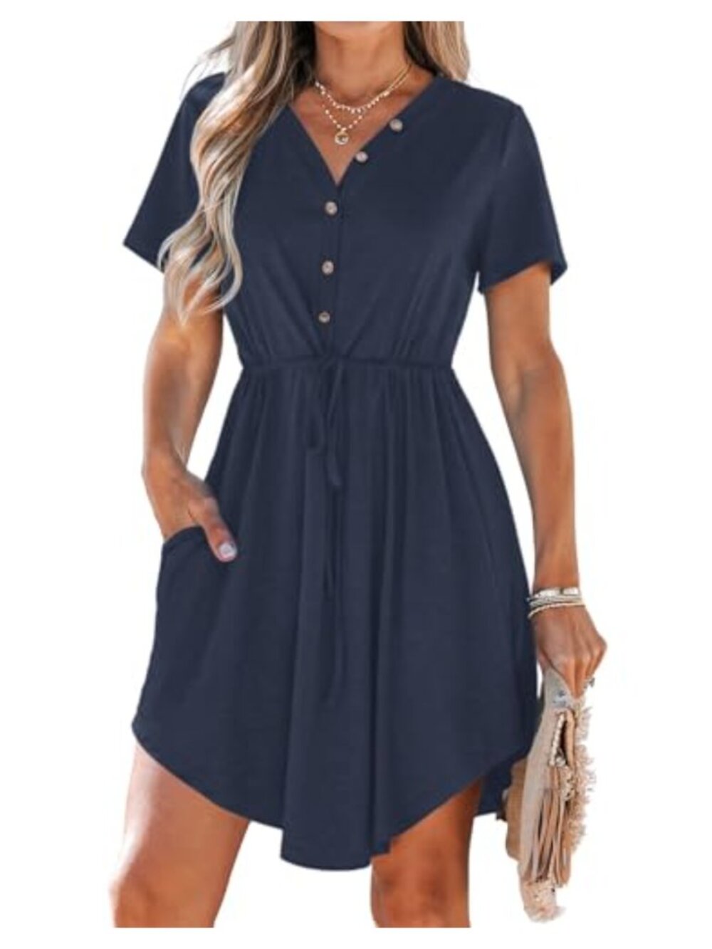 Women's Summer Mini Dress V Neck Short Sleeve Casual Sundress with Pockets